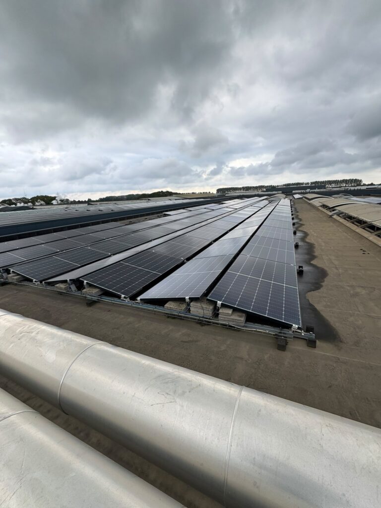 Rijen zonnepanelen op een groot bedrijfsdak, klaar voor reiniging